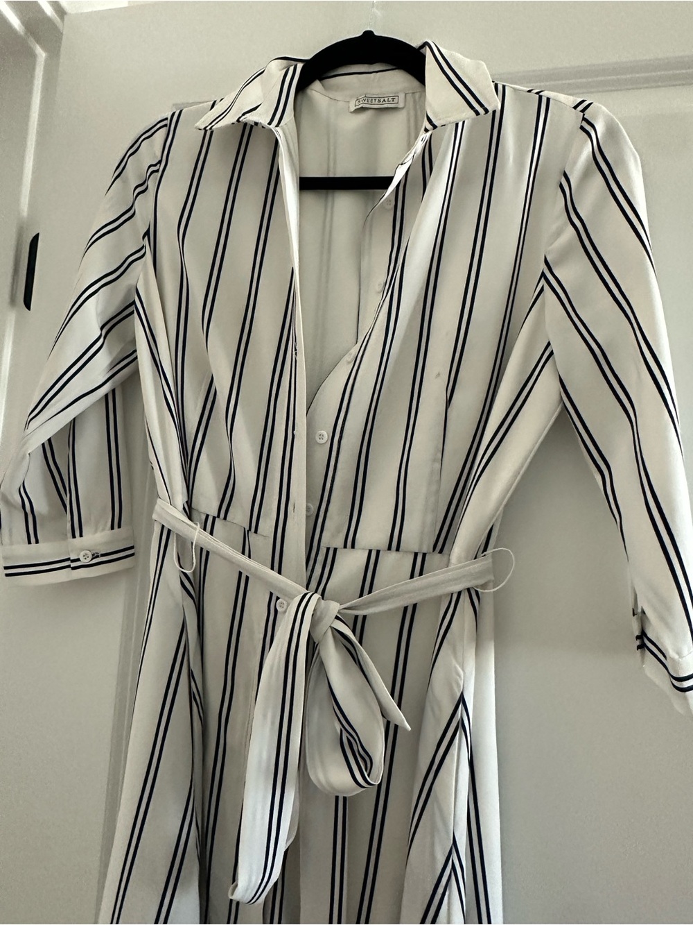 Striped Tie-Waist Shirt Dress - White & Navy